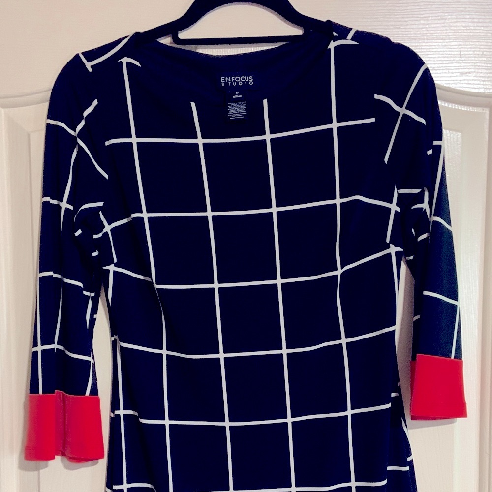Enfocus Studio Black and White Grid Dress with Red/Fiery Coral Trim